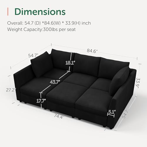 Image of HONBAY Modular Velvet Sleeper Sectional Sofa with Storage,Black | Easy to assemble,Hidden Storage,Removable Cushion,Sectional Couches for Living Room,Pet-friendly Fabric