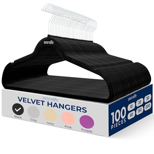SereneLife Velvet Hangers 100 Pack Black – Slim Non-Slip Clothes Hangers with...