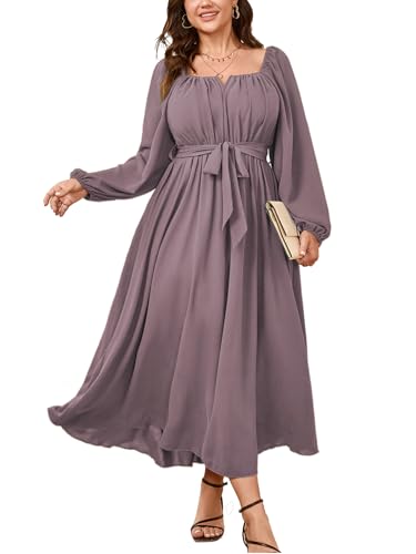 SCOMCHIC Women Plus Size Maxi Dress Long Sleeve Square Neck