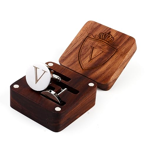 Image of Mens Initial Silver Cufflinks A-Z Alphabet Letter Steel Cuff Links with Engraved Walnut Wood Box Groom Groomsman Wedding Set