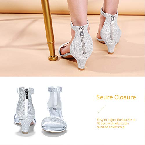 Idifu Women's Silver Heels Size 8.5 Kitten Heels For Women In2 Low Heels For Women Dressy Open Toe Heels With Zipper Bridesmaid Shoes On Wedding Evening #TOP4