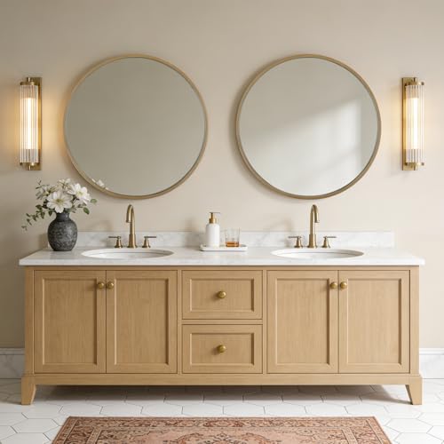 Image of WallBeyond Round Wood Mirror, 32 inch Round Modern Decoration Large Circle Wall Mirror for Bathroom Living Room Bedroom Entryway, Natural