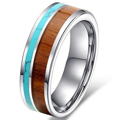 Fashion Month Mens Womens 8mm Tungsten Ring Vintage Wedding Engagement Band with 100% Koa Wood Solid Turquoise Flat Top