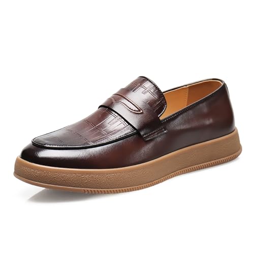 Men's Leather Printed Penny Loafers Classic Luxury Round Toe Leather Shoe Business Slip-on Lug Sole Dress Shoes for Formal Wedding Work