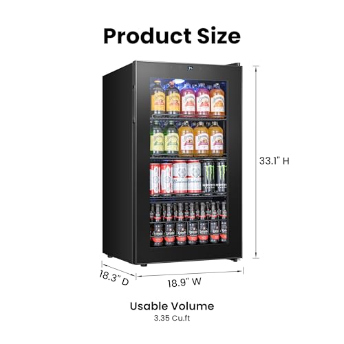 Image of Yeego Beverage Refrigerator, 130 Can Mini Fridge with Glass Door, Adjustable Shelves, Digital Temperature Control 34F-54F, Drink Cooler for Soda, Beer and Wine, Freestanding or Under Counter, Black