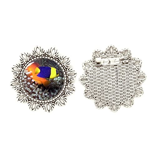 Broche de plata con pez océano y anémona joya elegante tallada a mano para solapa