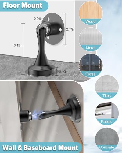 Image of Door Stoppers Magnetic Door Catch - 2 Pack Stainless Steel Heavy Duty Door Stops for Bottom of Door, Wall & Floor Mounting No-Drill Strong Adhesive & Screws, Strong Door Holder to Keep Door Open