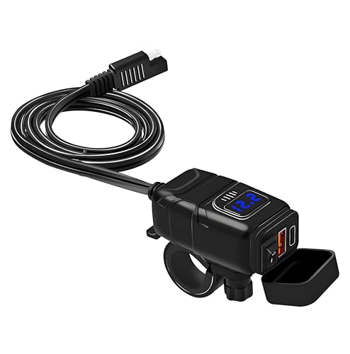 Cargador moto USB-C dual QC 3.0 con pantalla digital y acabados premium azul