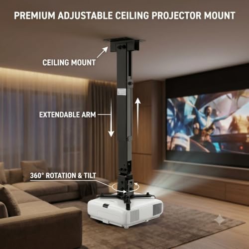Image of ARGO Heavy-Duty Adjustable Ceiling Projector Mount - Universal Extendable Telescoping Pole with 360 Swivel & Tilt - High-Weight Capacity Steel Frame for Home Theater, Office & Classroom (Matte Black)