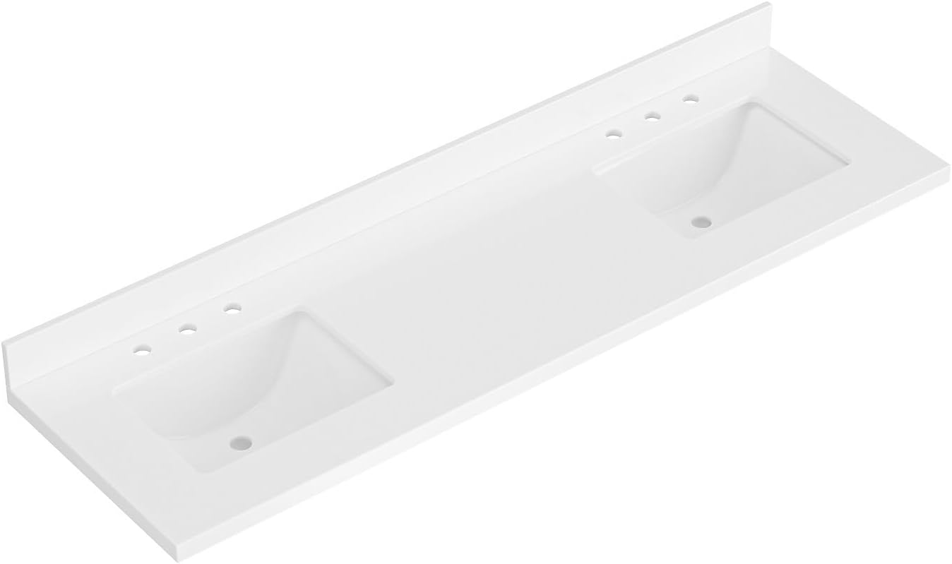 ARIEL 73 inch Double Bathroom Vanity top with Sink, 1.5 Inch Thick Miter Edge White Quartz top, Rectangle Double Sink Vanity top, Includes Backsplash