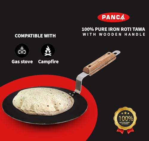 Image of PANCA Cast Iron Tawa 24cm Pre-Seasoned - Non Stick Iron Tawa for Roti, Dosa, Chapati | Induction & Gas Compatible Flat with Wooden Handle | Heavy Duty Cast Iron Cookware (Roti Tawa)