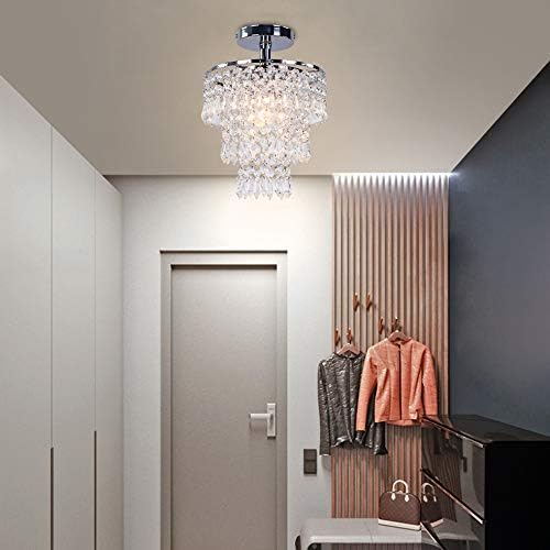 FRIXCHUR Small Crystal Chandelier Silver Ceiling Light Flush Mount Chandelier Light Fixture Ceiling Mount for Dining Room Bedroom Hallway Foyer Closet 7.9 Inch - Image 2
