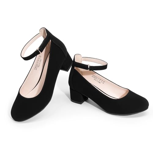 DREAM PAIRS Mädchen Kleiderschuhe Chunky High Heels Knöchelriemen Party Hochzeit Prinzessinnen Pumps für kleine und große Kinder,Size 35,Schwarz,KKUMPU2502