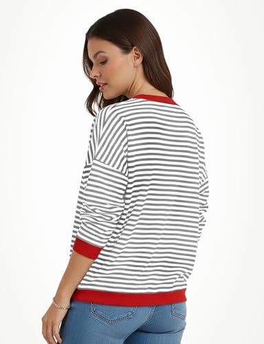 Image of Womens 2025 Long Sleeve Sweaters Casual Crewneck Striped Color Block Drop Shoulder Tops Lightweight Cute Fashion Knitted Pullover Outfits Ladies Fall Jumpers Clothes Y2K Trendy Grey and White