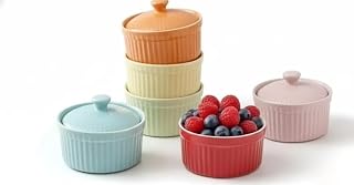 Ceramic Ramekins 8 Oz with Porcelain Lids Set of 6, Oven, Microwave & Dishwasher Safe Souffle and Creme Brulee Baking Dishes for Custard, Pudding & Individual Desserts, Durable Heat Resistant Design – Multicolor