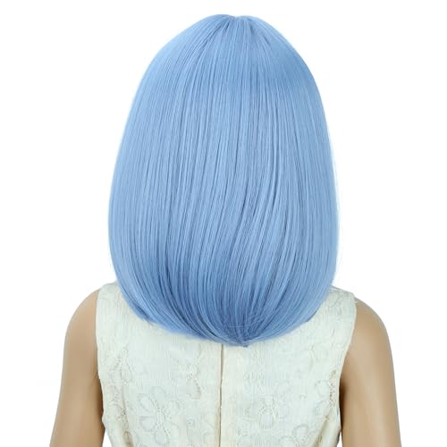 Image of PATTNIUM Light Blue Bob Wig for Kids Girls Short Blue Straight Wig with Bangs Cosplay Party Synthetic Rose Net Daily Wear Wig