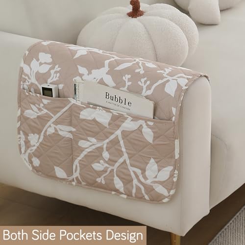 Image of HOKIPO 'Elira Series' Digitally Printed Water Repellent + Waterproof Armrest Cover for Sofa with Pockets (2Pcs) - Buff Brown Sillehoute Floral (AR-5251-C7*2)