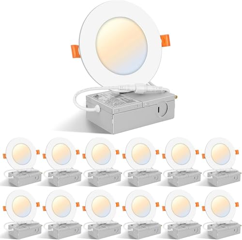 FORT LED Recessed Ceiling Lighting 4 Inch with J-Box, 5CCT 2700K/3000K/4000K/5000K/6000K Selectable Canless Wafer Lights, 9W Eqv 80W, Dimmable Slim Downlight, 780LM High Brightness ETL 12 Pack