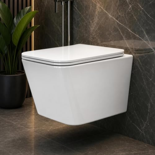 Image of Plantex Imported Italica Ceramic Rimless Square Washdown Western Toilet /Wall Mounted Commode /P Trap Commode with Soft Close Seat Cover (Glossy White)