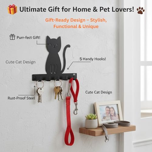 Image of Key Holder for Home, Metal Wall Mounted, 6 Hooks (Big Cat) | Cat Design, Includes Mounting Screws, For Home Use, 6 Hook Hanger, Metal Construction