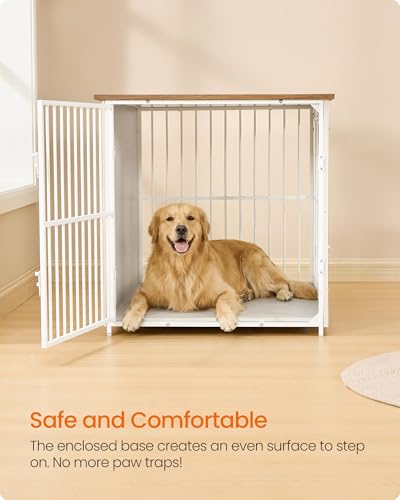 Image of Feandrea Wooden Dog Crate Furniture, 48 Inches Heavy-Duty Kennel for Dogs up to 110 lb, with Double Doors and Enclosed Wood Base, Modern Pet Cage End Table Indoor, Rustic White and Honey Brown