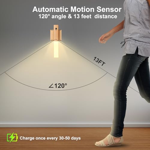 Image of Rechargeable Wall Sconce Magnetic, Torch Night Light Portable Wall Light Wireless Wall Sconces LED Wood Magnetic Wall Lamp Motion Sensor, Rechargeable Wall Sconces Set of 2 (Light-Colored)