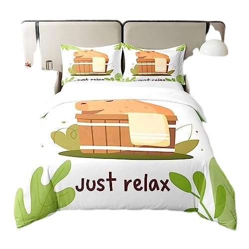100% Washed Cotton Funny Capybara Duvet Cover,Capybara Sitting In A Spa Bucket Bedding Set Single,Cartoon Style Rodent Animal Comforter Cover,Botanical Green Leaves Quilt Cover with Zipper