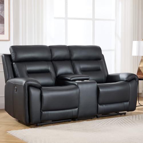 Image of ANJ Power Reclining Loveseat Sofa with USB&Type-C Charging Port, Breathable Faux Leather 2-Seater Electric Recliner Couch with Cup Holders & Storage Console for Living Room, Black