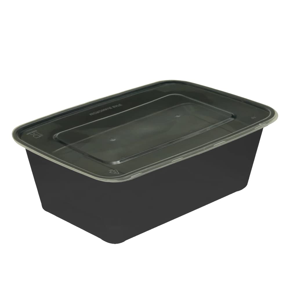 FotoStation 750ml Black Plastic Food Containers with Lids – BPA Free Catering Grade Meal Prep & Takeaway Boxes, Microwave & Freezer Safe, Heavy-Duty Reusable Storage - (Starter - 50pcs)