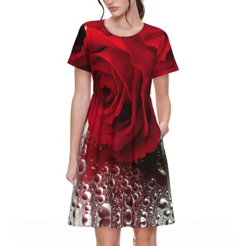 Robe d'été pour femme rouge fleurie chic à manches courtes 2025