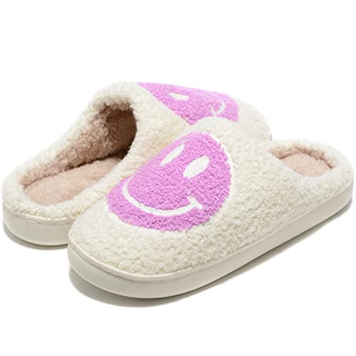 Image of Retro Fuzzy Face Slippers for Women Men, Retro Soft Fluffy Warm Home Non-Slip Couple Style Casual Smile Face Slippers Indoor Outdoor Anti-Skid Warm Cozy Foam Slide Fuzzy Slides with Soft Memory Foam Shoes
