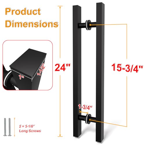 Image of 24 inch Matte Black Square Barn Door Pull Handle Double Sided | Heavy Duty 304 Stainless Steel, 15-3 /4 inch Hole Spacing, Fits 3 /4 inch-2 inch Thick Barn, Front Entry, Sliding & Exterior Doors