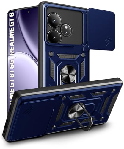 Image of WOW IMAGINE Tough Armor Bumper Mobile Back Case for Realme GT 6T 5G | Realme GT 6 | Sliding Camera Shield Cover | Shock Proof 360 Protection | Hybrid PC + TPU | Ring Holder with Kickstand - Blue