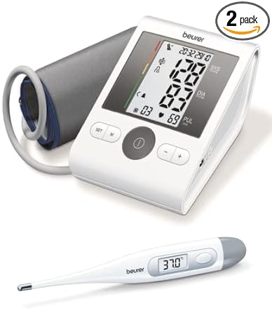 Beurer BM 28 upper arm blood pressure monitor with FT 09/1 clinical thermometer in white ( 5 Years Warranty ).
