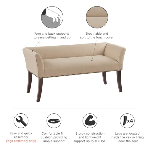 Image of Madison Park Accent Bench, Upholstered with Nailhead Trim, & Padded Seat Entryway Bench Small, End of Bed Bench with Back, 49.5 inch W x 19.25 inch D x 23 inch H, Tan
