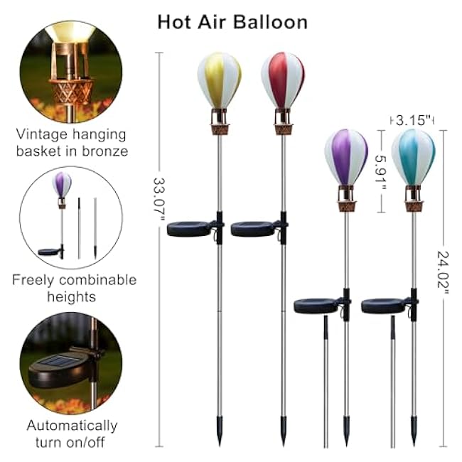 Solar Pathway Lights Outdoor - Hot Air Balloon Solar Lights Outdoor Waterproof for Outside Patio Pathway Garden Yard Path Walkway Fence Lawn Decor,4 Pack