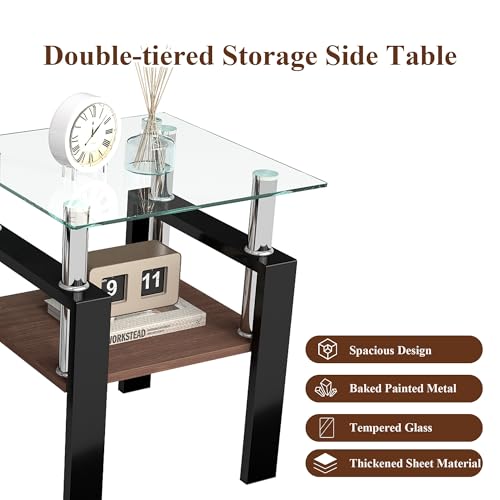 Image of Meihua Glass End Table, Square Glass Side Table, 2-Tier Modern Nightstand with Metal Legs for Living Room&Bedroom (Transparent+Brown, Set of 2)