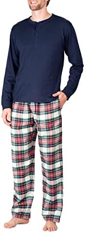 SLEEPHERO Fathers Day Men’s Pajama Set Pajamas For Men 2 Piece PJ Set with Cotton Flannel Men Pajama Pants and Long Sleeve Henley T-Shirt Dark Navy Tartan Plaid Large