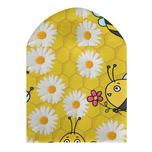 Cute Bee and Flowers Pattern Kids Beanie Hat for for Girls Boys Children Cap Winter Knitted Chemo Cancer Headwear Accessories Gifts Decoration Black3