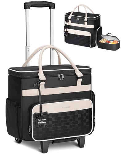 Ytonet Rolling Laptop Bag with Insulated Lunch Box, 15.6 In Rolling Briefcase for Women with Large Cup Holder, Detachable Trolley Roller Underseat Bags for Work, Office, Teacher, Travel, Black Beige