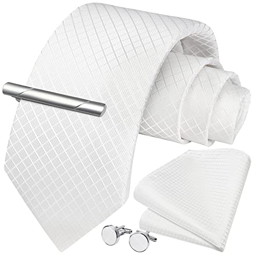Image of HISDERN Plaid Ties for Men Classic Checkered Tie and Pocket Square Cufflinks Tie Clip Set Woven Men's Necktie Business