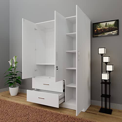 Image of VIKI Wardrobe | Wooden Almirah for Clothes,Door for Bedroom, 3 Door Wardrobe with Drawer & Hanging Space (Frosty White - 40D x 120W x 180H) | 1 Year Warranty | Free Assembly