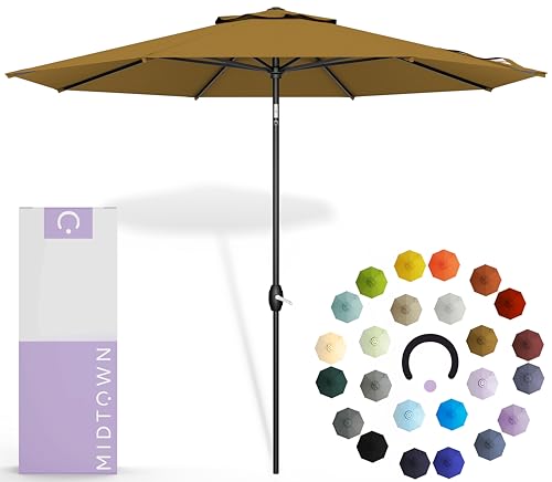 Image of Midtown Umbrellas - 10-Year-No-Fade 10 Ft Patio Umbrella with Terylast Fabric, Auto-Tilt Aluminum Frame and 8 Reinforced Ribs for Deck, Pool, Garden & Beach - Sand Tan Canopy, Black Pole