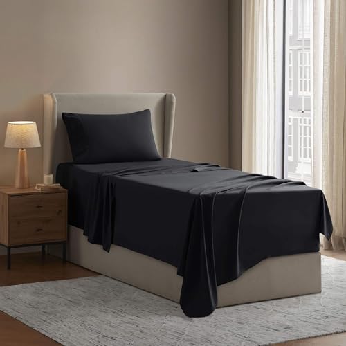 Image of Nestl Twin Bed Sheet Set - Black - 3-Piece Deep Pocket | Instantly Soft, Night-One Ready (No Wash Required). Fits 16-Inch Deep Pockets, 360-Degree Elastic Grip