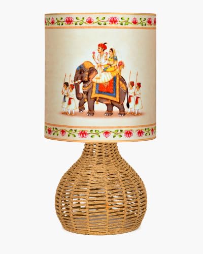 Image of Homesake Handwoven Rattan Table Lamp with Rajasthani Art Printed Fabric Shade, Decorative Raffia Spinning Bedside Lamp, Boho Table Lamp with E27 Holder, Living Room, Bedroom & Home Decor
