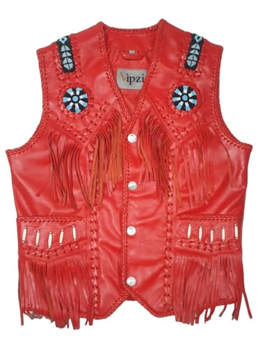 Image of Men's Western Cowhide Suede & Leather Vest - Beaded Fringe Yoke & Back Native-Inspired Cowboy Biker Vest