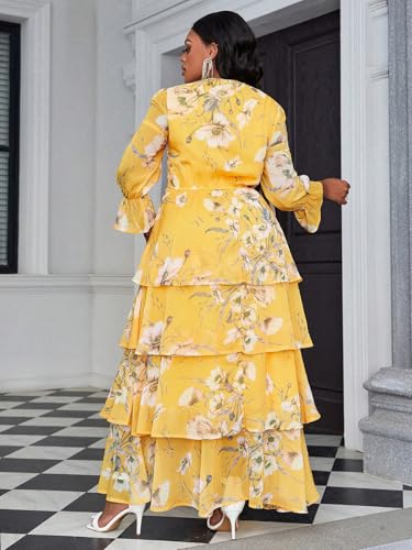 Image of Spring Summer 2024 Plus Size Womens Dresses V Neck Casual Elegant Long Sleeve Floral Print Maxi Dress