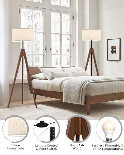 Image of ELYONA Ash Wood Tripod Floor Lamp Stepless Dimmer & Color Temperature, Remote Control Mid Century Modern Coner Standing Lamp Linen Shade for Living Room Bedroom Office, LED Bulb Included, Walnut