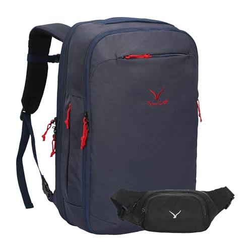 Hynes Eagle TSA Friendly Travel Backpack for Men Women Carry on Backpack 40L Flight Approved Laptop Backpack for 17 inches Compressible Weekender Bag Overnight Backpack Dark Blue with Waist Pack Black