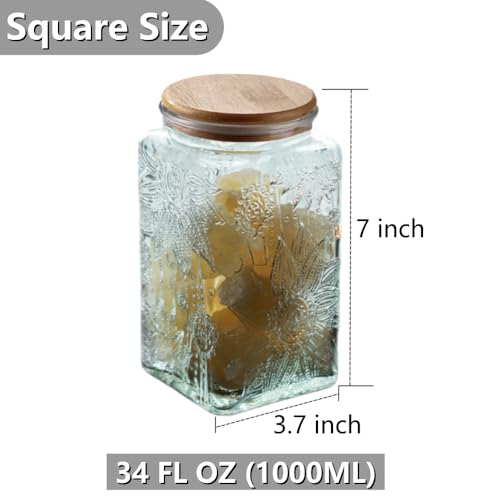 Image of ANSQU Square Glass Jar with Lid, 34oz Airtight Coffee Canister | Coffee Grounds Container, Glass Food Storage Container for Candy, Tea, Sugar, Decorative Mason Jar